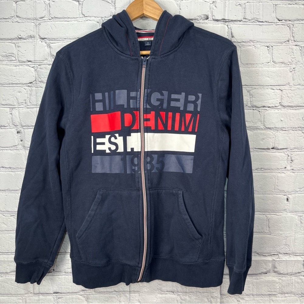 Tommy Hilfiger Hooded Sweatshirt Mens Size Medium Blue Full Zip Fleece